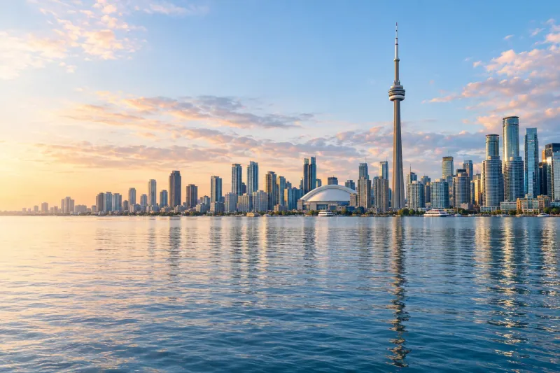 Illustrated Toronto skyline and CN Tower across Lake Ontario